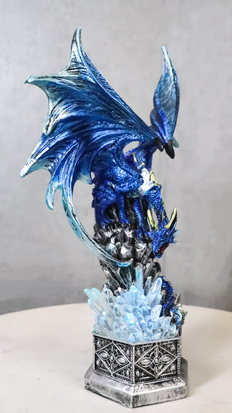 Armored Blue Guardian Water Elemental Dragon On LED Crystals Pedestal Figurine