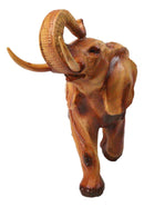 Lucky Elephant Figurine with Trunk Up Faux Wood Carved Look Home Décor 10" Long