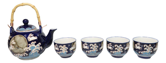 Blue Moon Rabbit Porcelain 30oz Teapot With Bamboo Handle And 4 Tea Cups Set