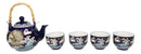 Blue Moon Rabbit Porcelain 30oz Teapot With Bamboo Handle And 4 Tea Cups Set