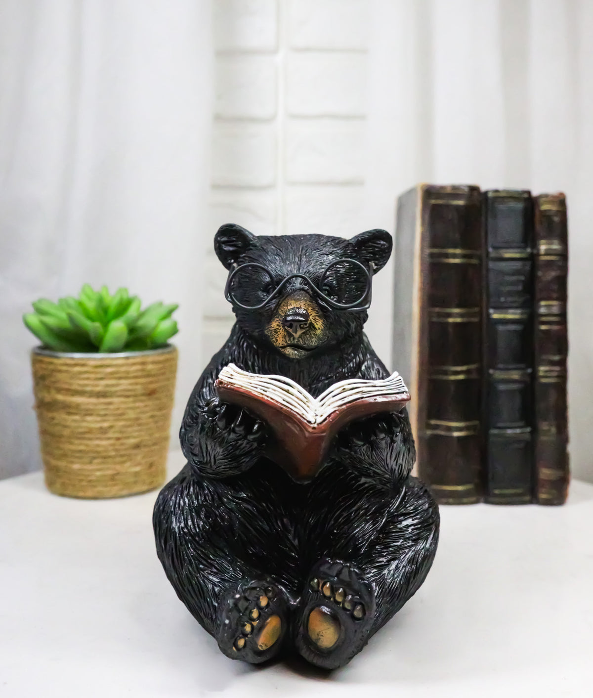 Rustic Forest Western Bookworm Black Bear with Glasses Reading Book Figurine