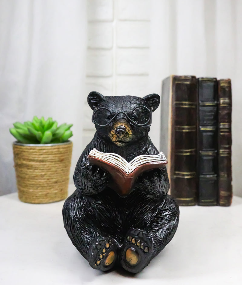 Rustic Forest Western Bookworm Black Bear with Glasses Reading Book Figurine