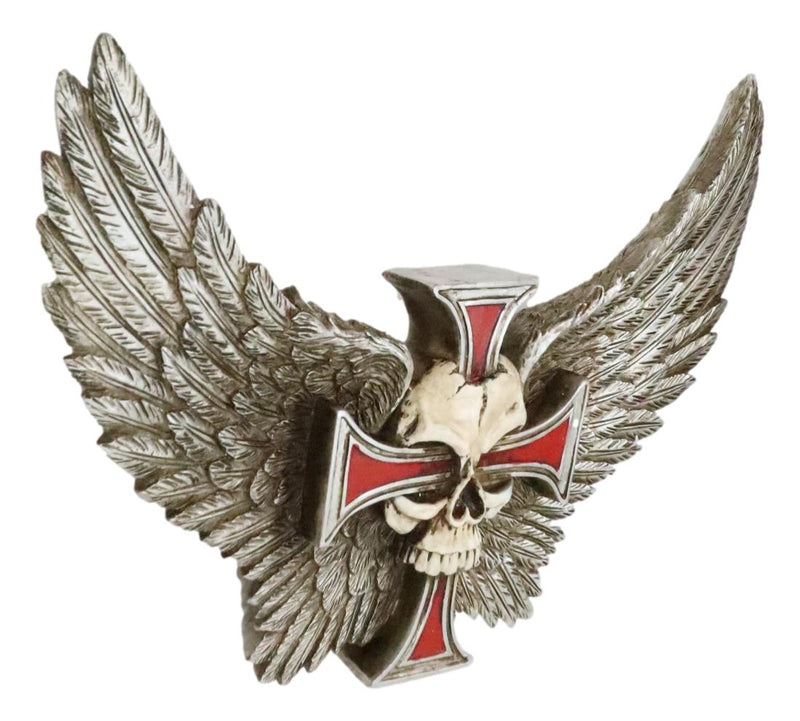 Gothic Angel Winged Biker Skull With Red Crucifix Cross Wall Decor Plaque