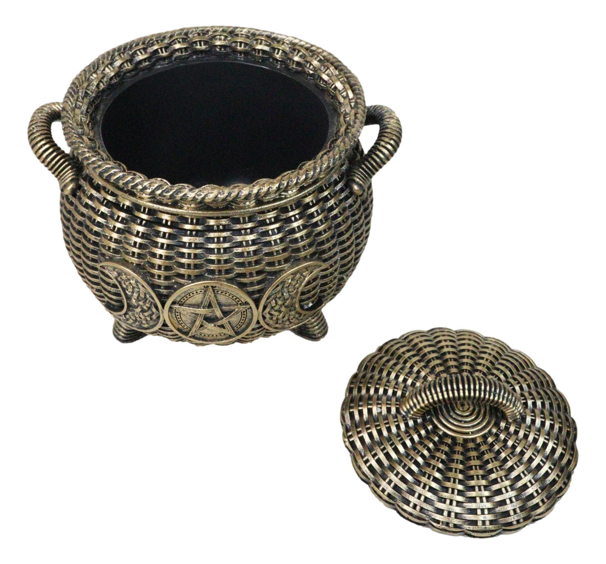 Wiccan Triple Moon Cauldron Pot In Wicker Finish Decorative Trinket Crystals Box - Ebros Gift