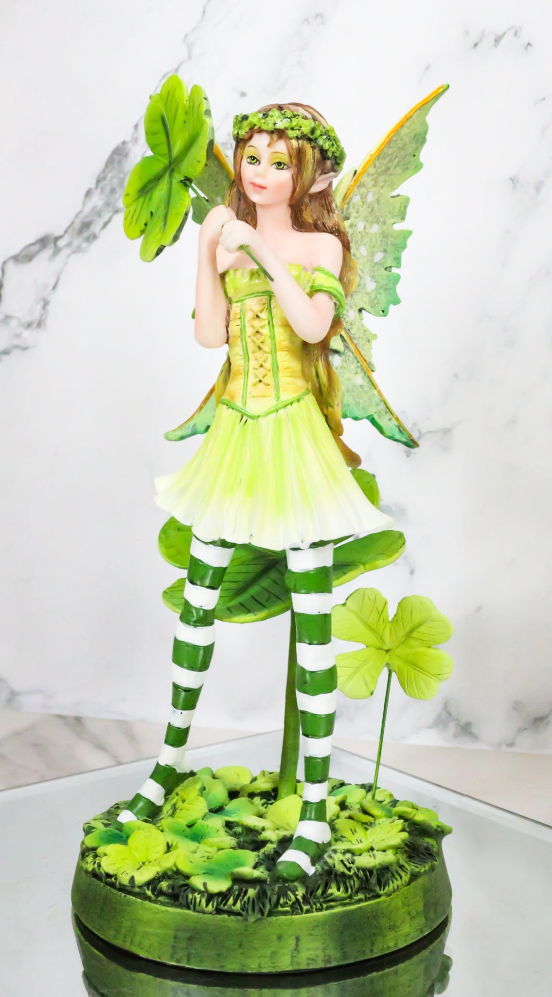 Green Shamrock Lucky Clovers Spring Garden Fairy With Striped Leggings Figurine