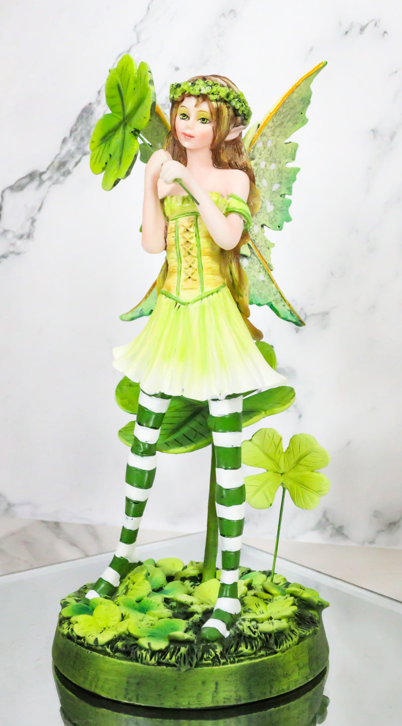 Green Shamrock Lucky Clovers Spring Garden Fairy With Striped Leggings Figurine