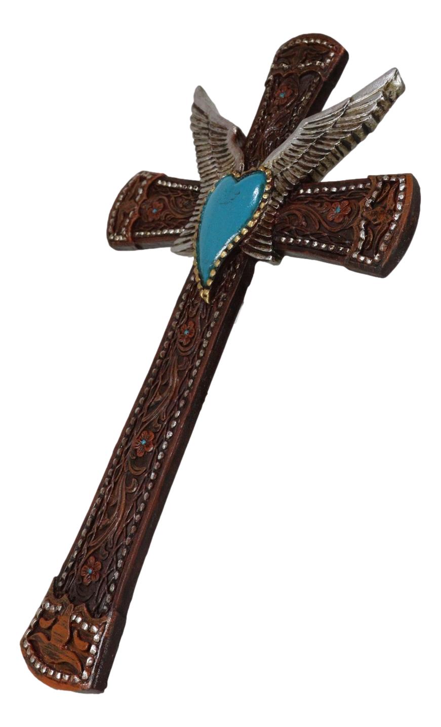 Western Boho Chic Turquoise Heart Angel Wings Tooled Floral Leather Wall Cross - Ebros Gift