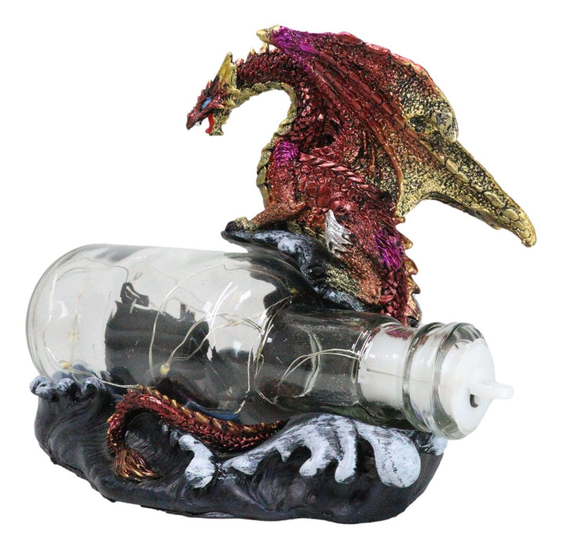 Red Gold Dragon On Ocean Waves Rock With Ship Trapped in LED Bottle Figurine