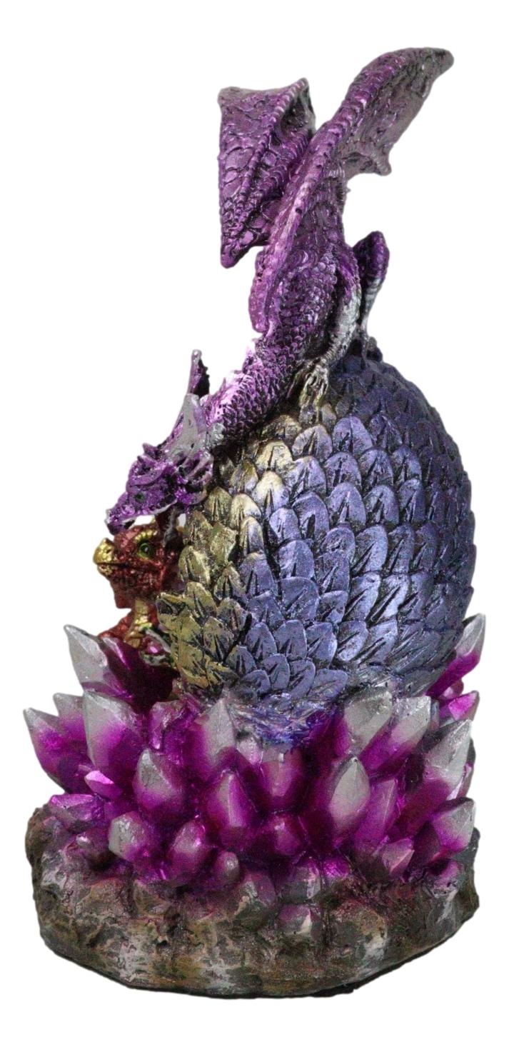 Purple Mother Dragon Guarding LED Faux Crystals Egg With Hatchlings Figurine