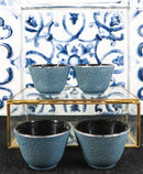 Pack Of 4 Teal Blue With Gold Cast Iron Tetsubin Textured Surface Tea Cups 3oz
