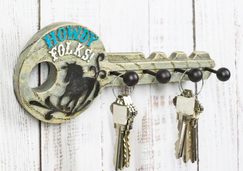 Rustic Western Howdy Folks Horse Key Shaped 4 Peg Quadruple Wall Hook Plaque