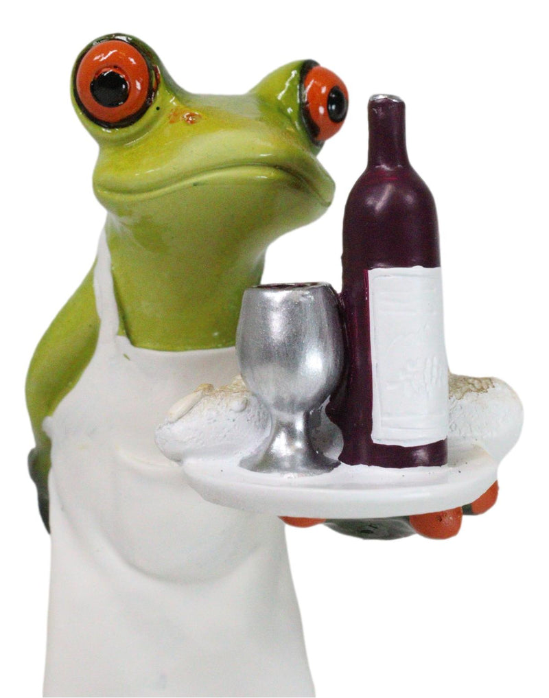 Green Toad Frog Butler Waiter With Wine Glass Bottle And Bread Tray Figurine 6"H