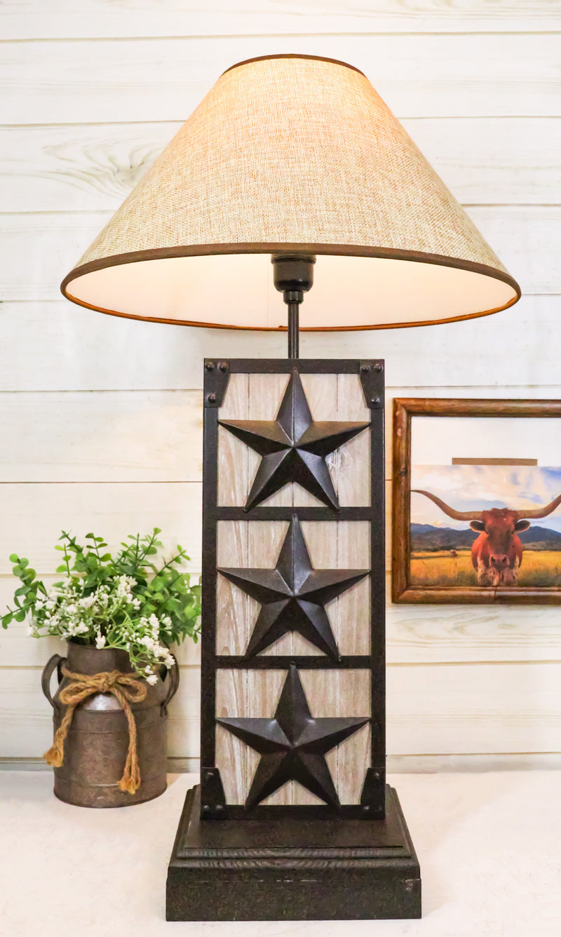 Rustic Western Triple Lone Stars Wood And Metal Bedside Desktop Table Lamp