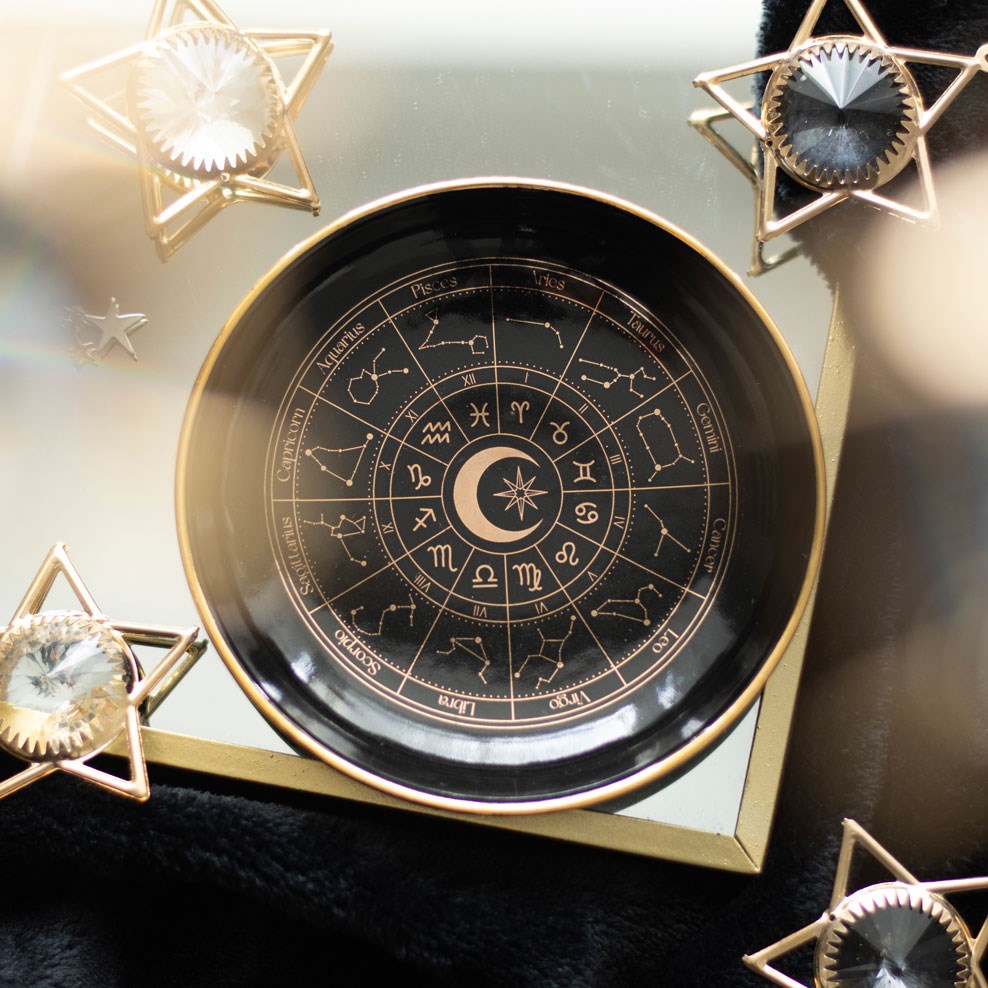 Wicca Black Astrology Wheel Round Incense Stick Burner Or Trinket Ceramic Dish