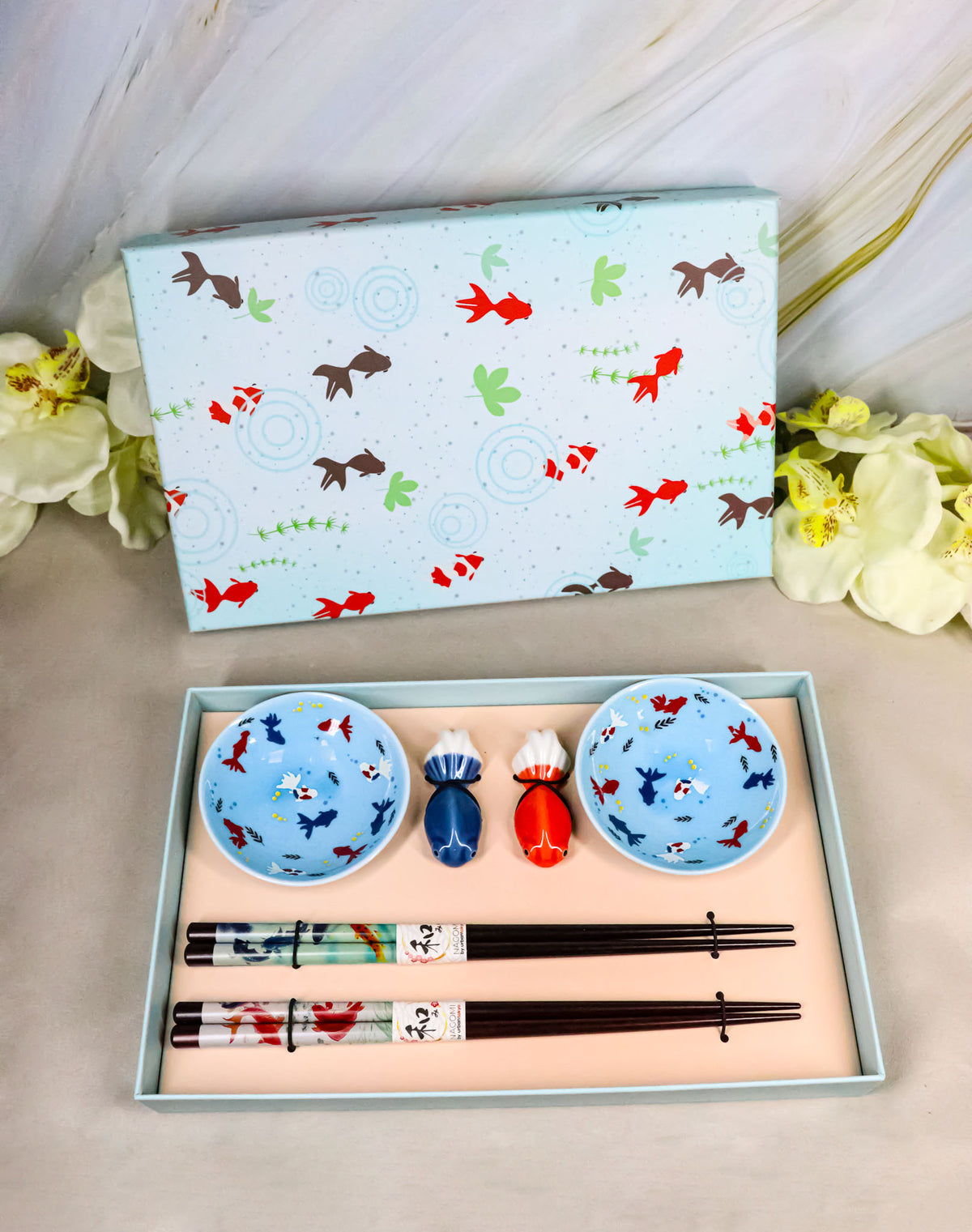 Goldfish Kingyo Pastel Blue Sauce Dishes Chopsticks And Rests Sushi Set For 2