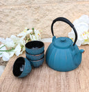 Blue Vertical Lines Design Tetsubin Cast Iron Teapot 33oz And 4 Tea Cups Set