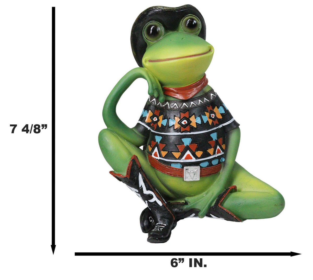 Western Green Cowboy Toad Frog with Black Hat Boots and Aztec Serape Figurine