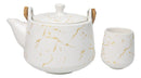 White Marble Vein Porcelain 22oz Teapot And 2 Tea Cups With Bamboo Tray Set