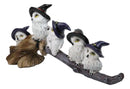 Halloween 5 Snow Owls and Owlets with Witch Hats Perching On Broomstick Figurine