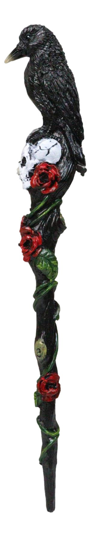 Fantasy Raven Crow Perching On White Skull with Rose Vines Decorative Magic Wand