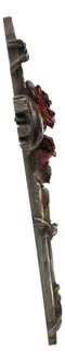 Rustic Western Red Roses Stalk With Barbed Wires Faux Wooden Wall Cross Decor