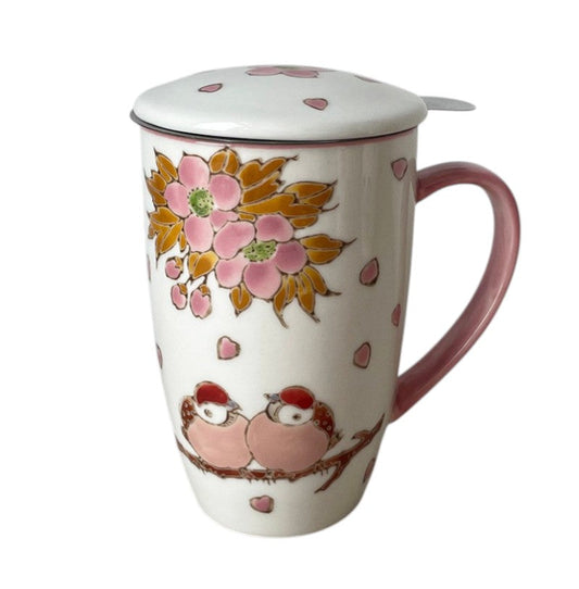 Twin Sparrows Sakura 15oz Porcelain Tea Mug With Lid & Stainless Steel Infuser