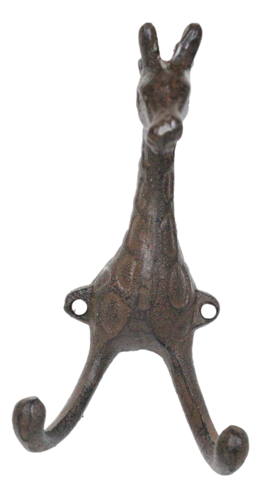 Pack Of 2 Cast Iron Safari Masai Giraffe Head Decor Double Wall Coat Towel Hooks - Ebros Gift