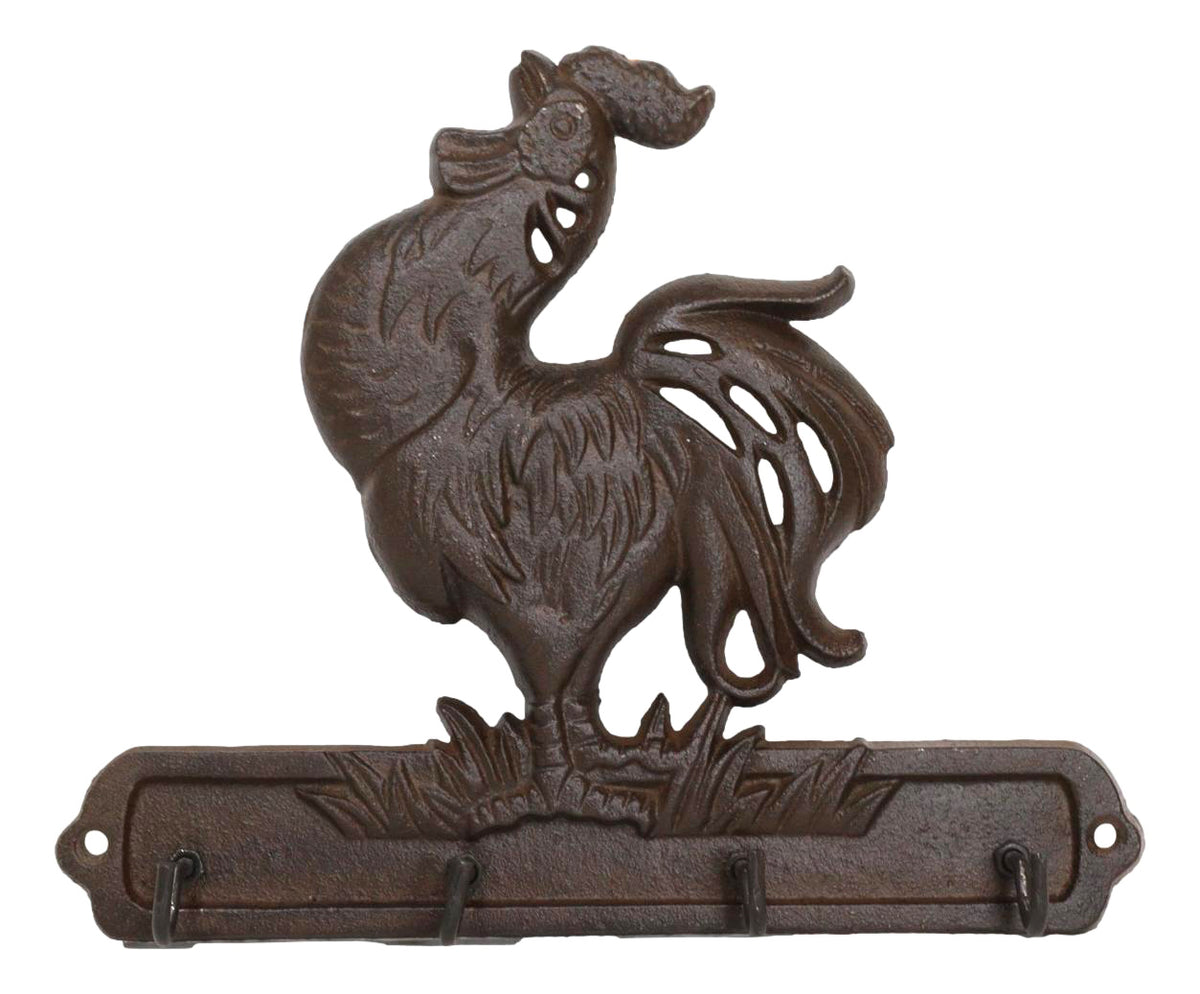Cast Iron Rustic Farm Barn Crowing Rooster Chicken 4 Peg Quadruple Wall Hooks