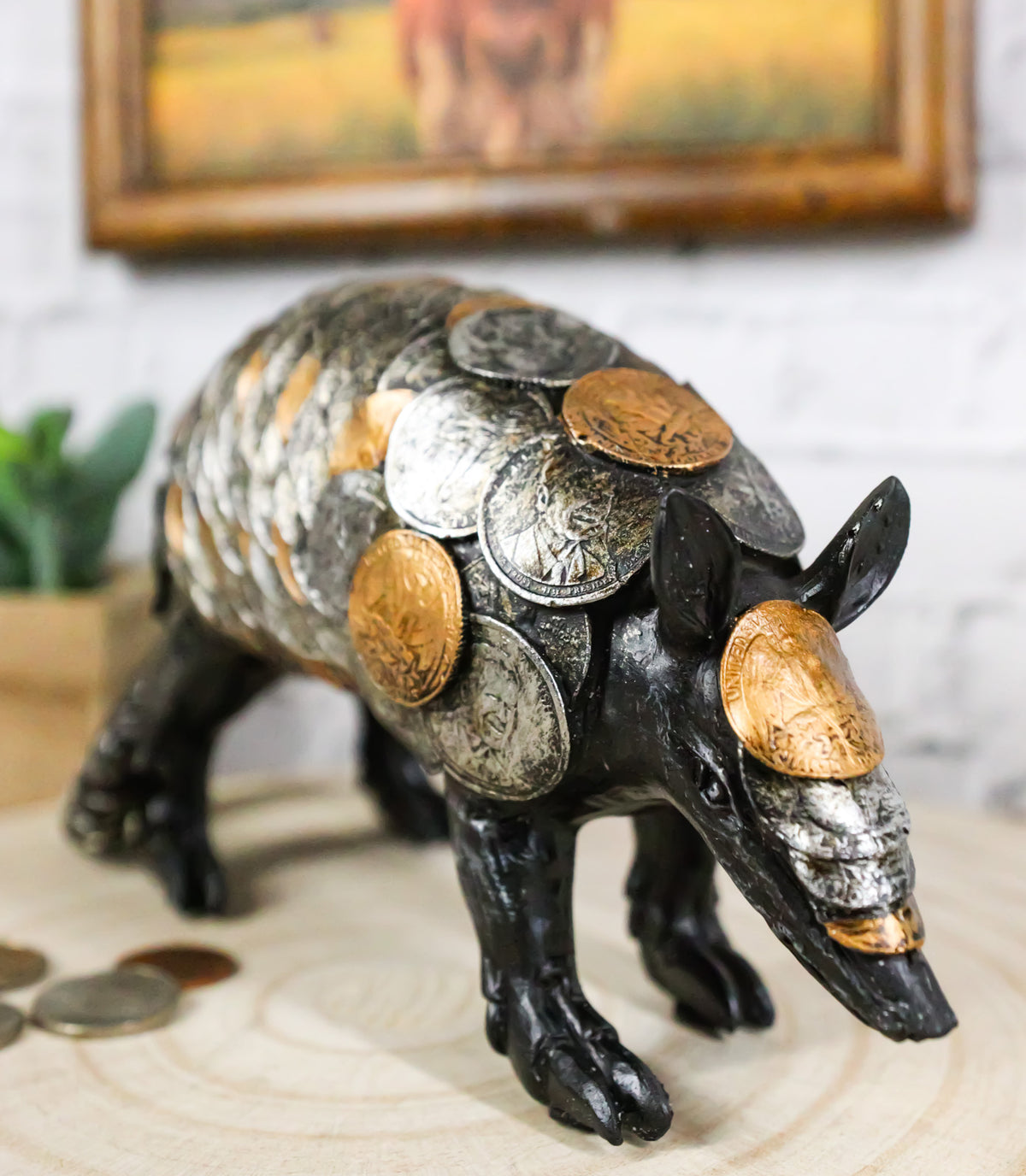Western Rustic Armadillo With Engraved Coins Armor Money Savings Piggy Bank - Ebros Gift