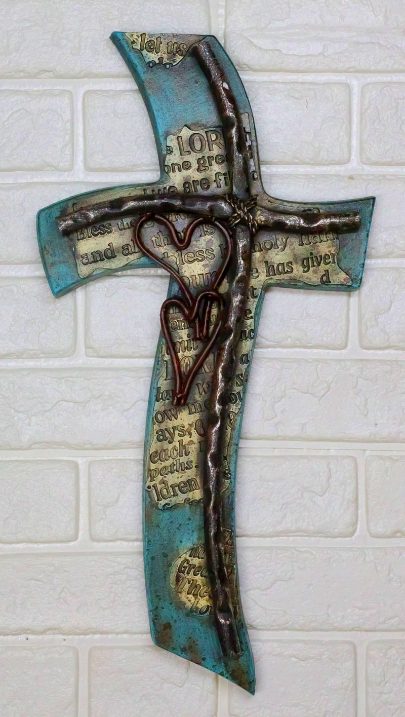 Inspirational Turquoise Double Heart Layered Artistic Fluid Curved Wall Cross