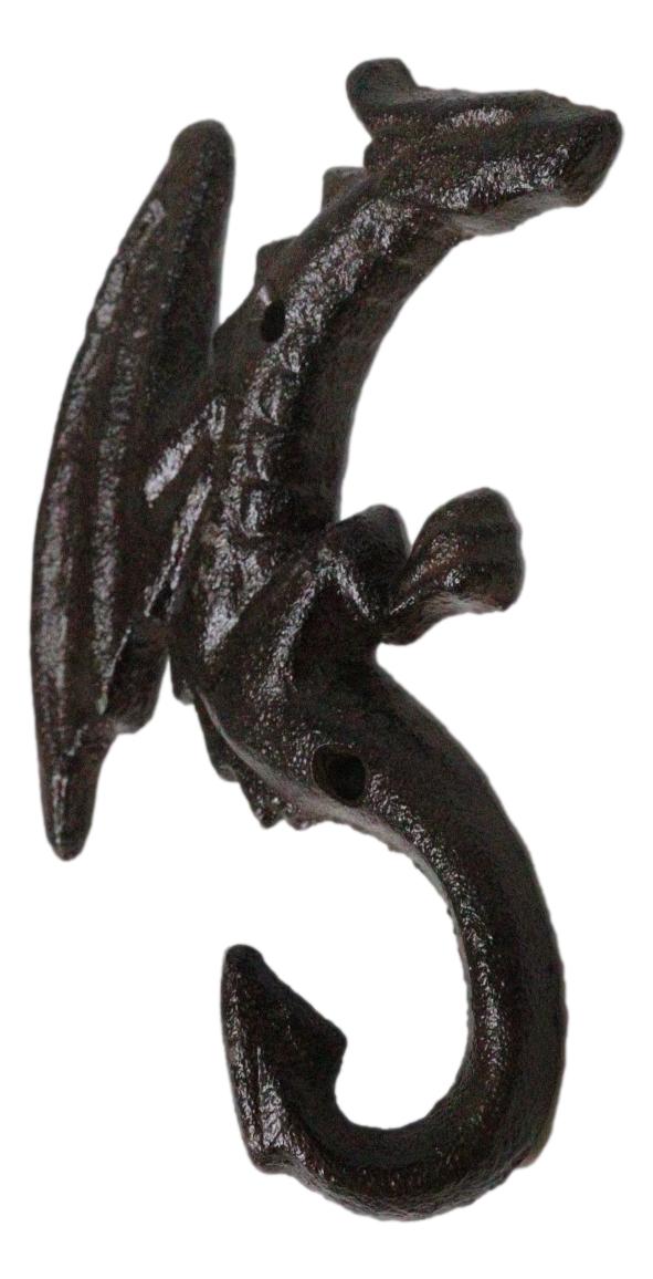 Set Of 2 Cast Iron Climbing Winged Sentinel Guardian Dragon Wall Hooks Sculpture