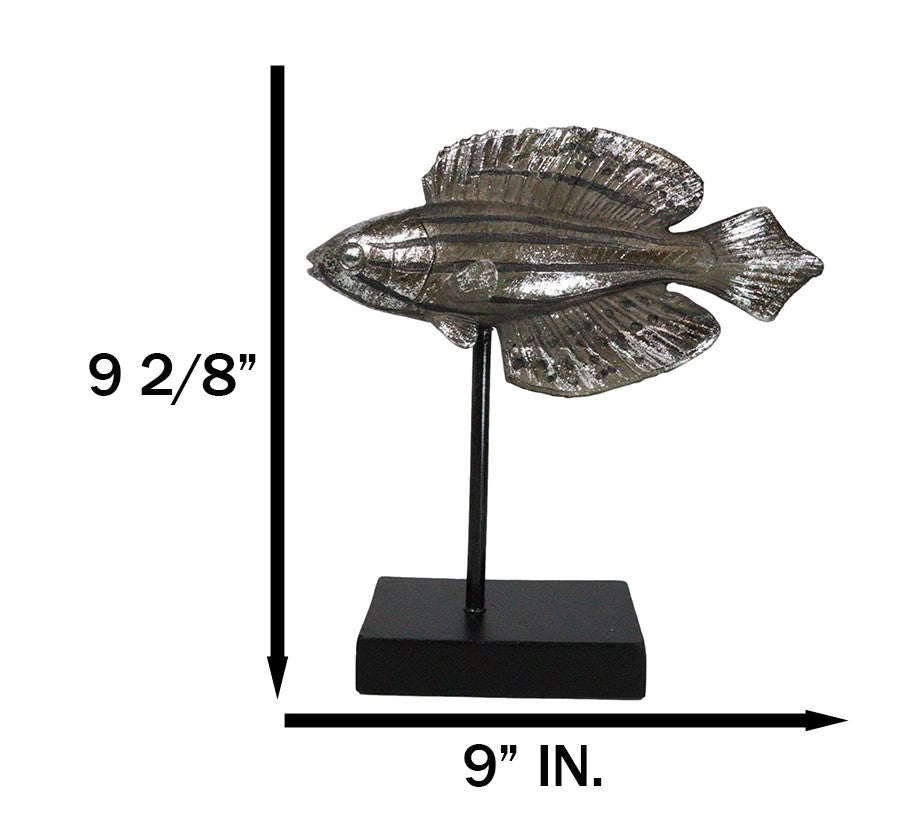 Marine Silver Tone Diamond-Tail Flasher Wrasse Fish Sculpture With Pole Stand