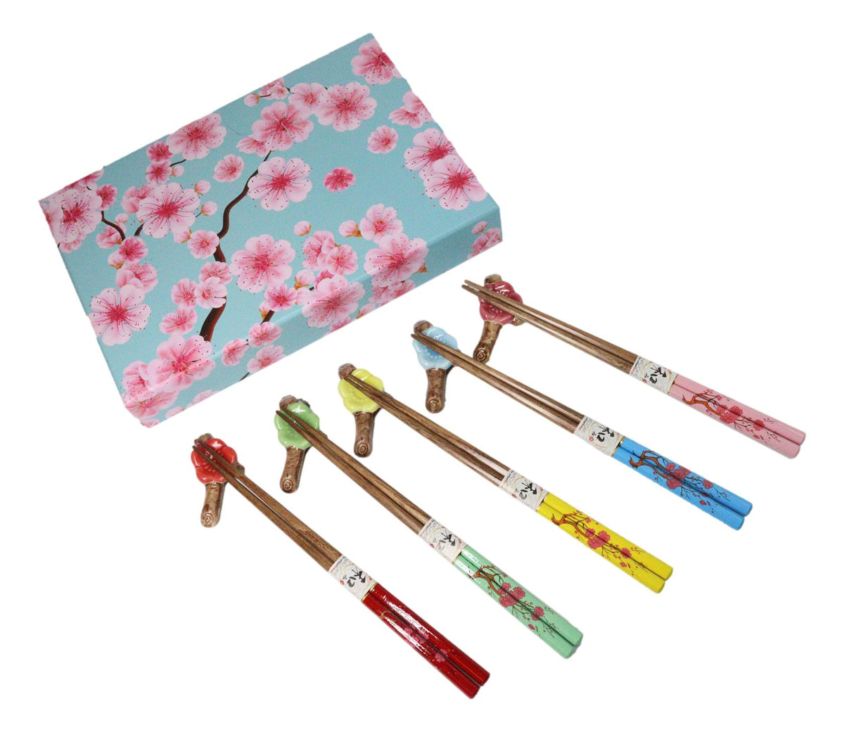 5 Pairs Of Ume Plum Blossoms On Branch Ceramic Rests With Wooden Chopsticks Set