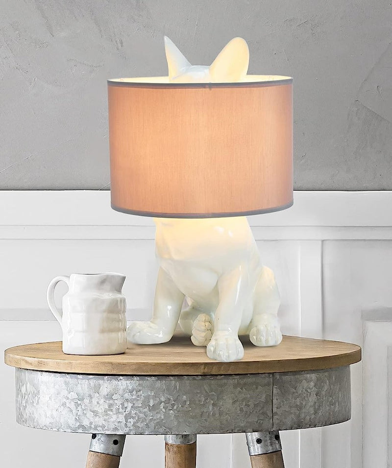 Whimsical Cute White Hiding Dog Desktop Bedside Table Lamp With Fabric Shade 17"