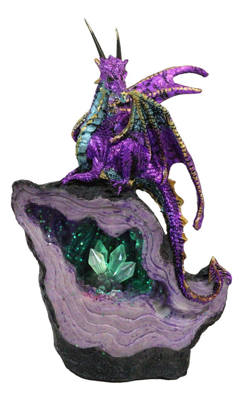 Metallic Purple Midnight Dragon On LED Light Faux Geode Crystal Rock Figurine