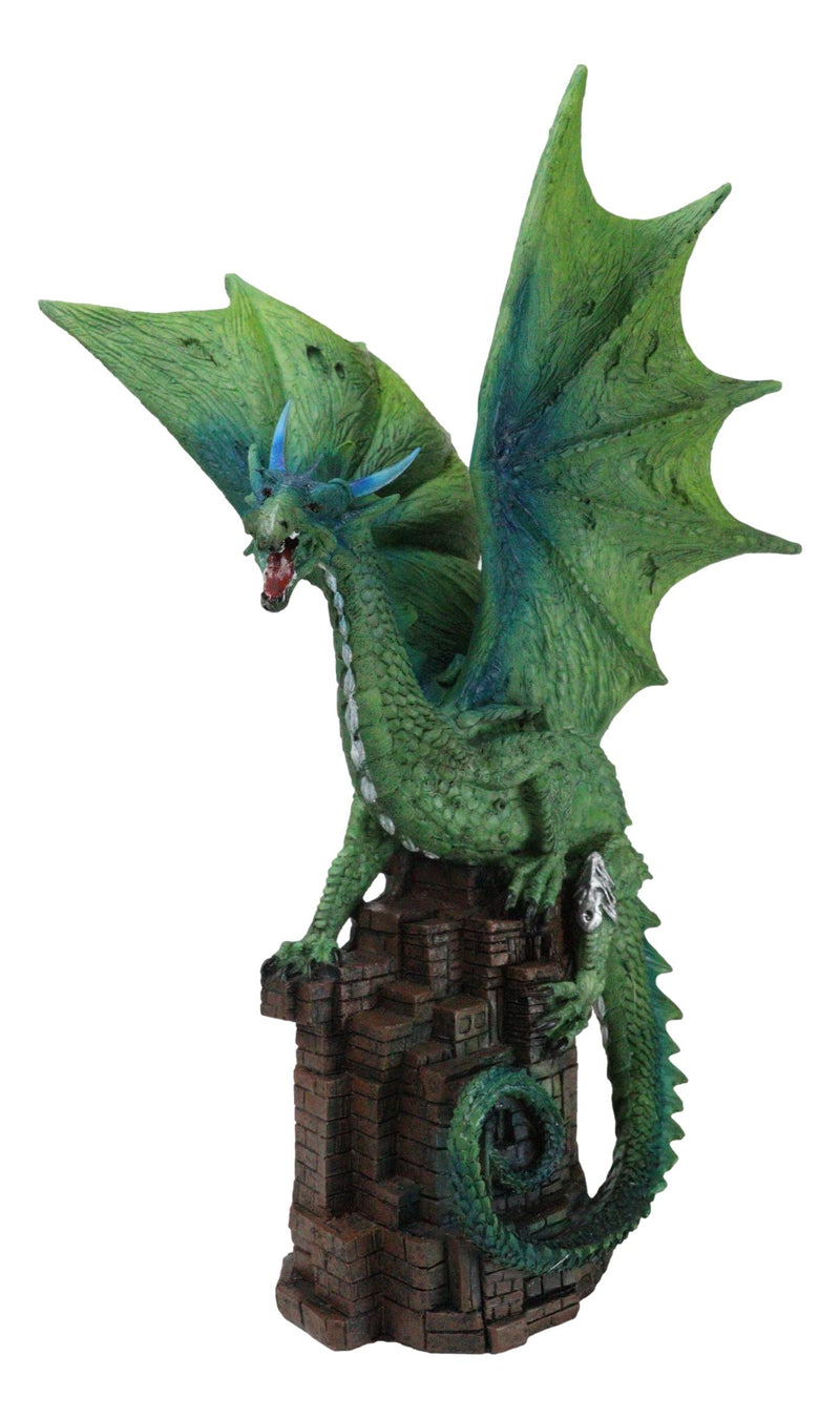 Green Terra Wyvern Monarch Dragon Perching On Medieval Castle Tower Figurine