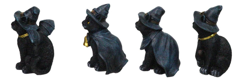 Set of 4 Halloween Black Cats With Witch Hats Broom Pentagram Mini Figurines