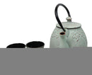 Mint Green Leaves Floral Motif Tetsubin 27oz Cast Iron Tea Pot With 4 Cups Set