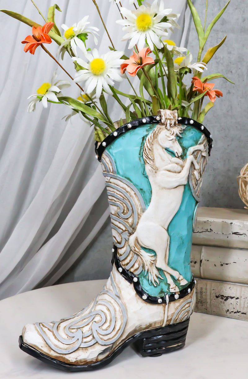 Western Blue and White Prancing Horse Cowboy Cowgirl Boot Vase Planter Figurine