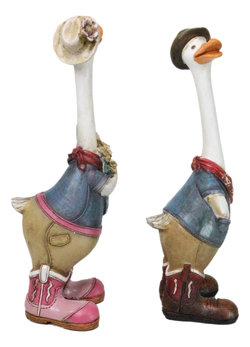 Set of 2 Western Cowboy Cowgirl Ducks With Hats Scarves And Boots Figurines