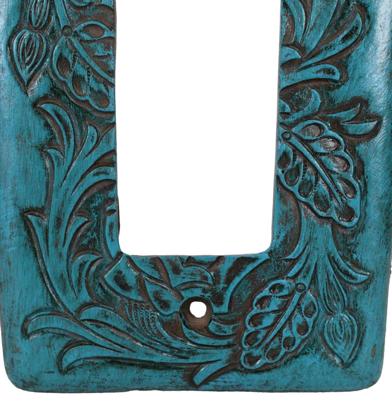 Set of 2 Western Tooled Floral Turquoise Wall Single Gang Rocker Switch Plates