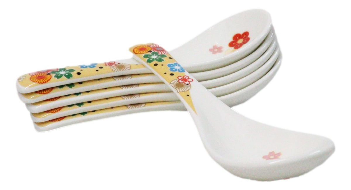 Set of 6 Ume Plum Blossoms Porcelain Asian Soup Spoons Japanese Ramen Pho