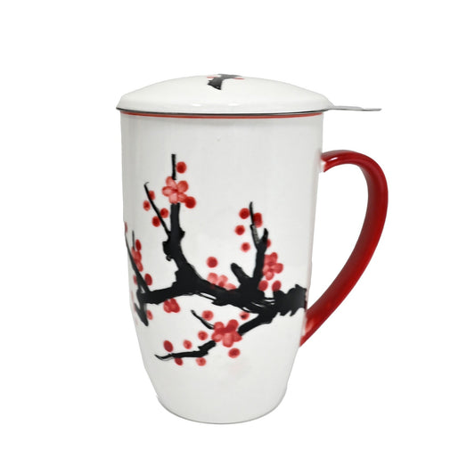Pink Cherry Blossoms 15oz Porcelain Tea Mug With Lid & Stainless Steel Infuser