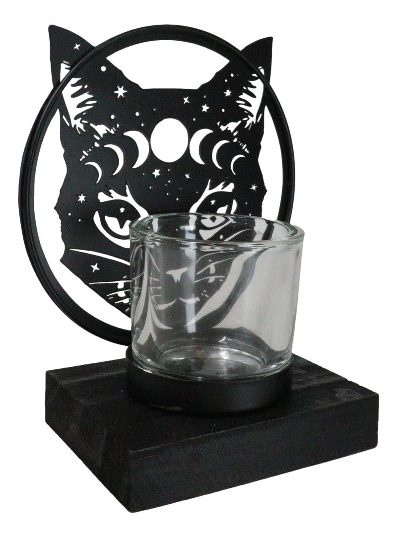 Wicca Phases of The Moon Celestial Black Cat Metal Votive T-Lite Candle Holder