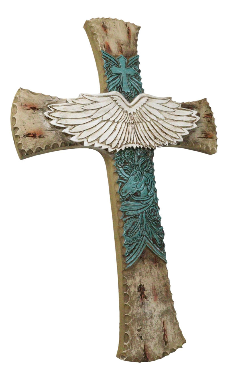 Rustic Western Angel Wings Turquoise Horse And Floral Tooled Leather Wall Cross