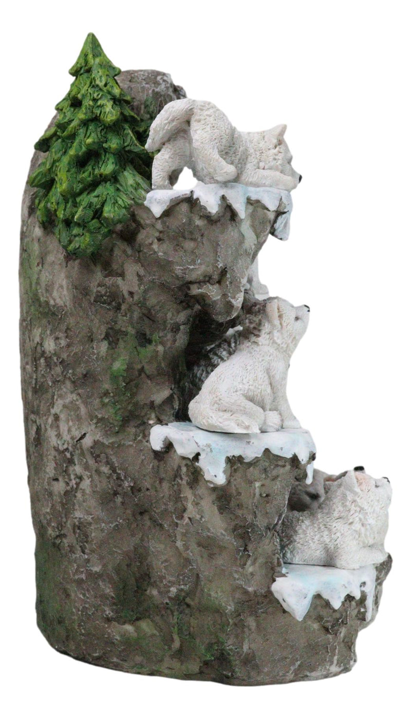 Snow Capped Wolf Den Rocky Cave Lair With Pine Trees LED Display Stand Sculpture