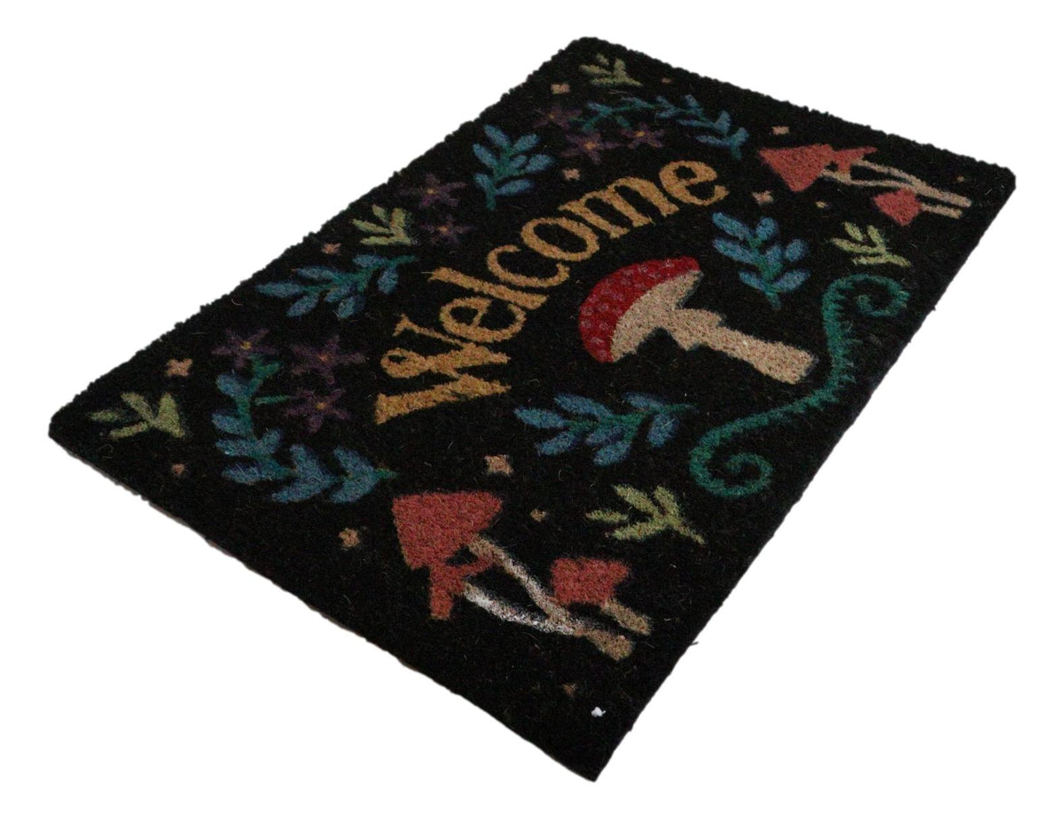 Welcome Mushrooms and Herbs Botanica Black Coir Coconut Fiber Floor Mat Doormat - Ebros Gift