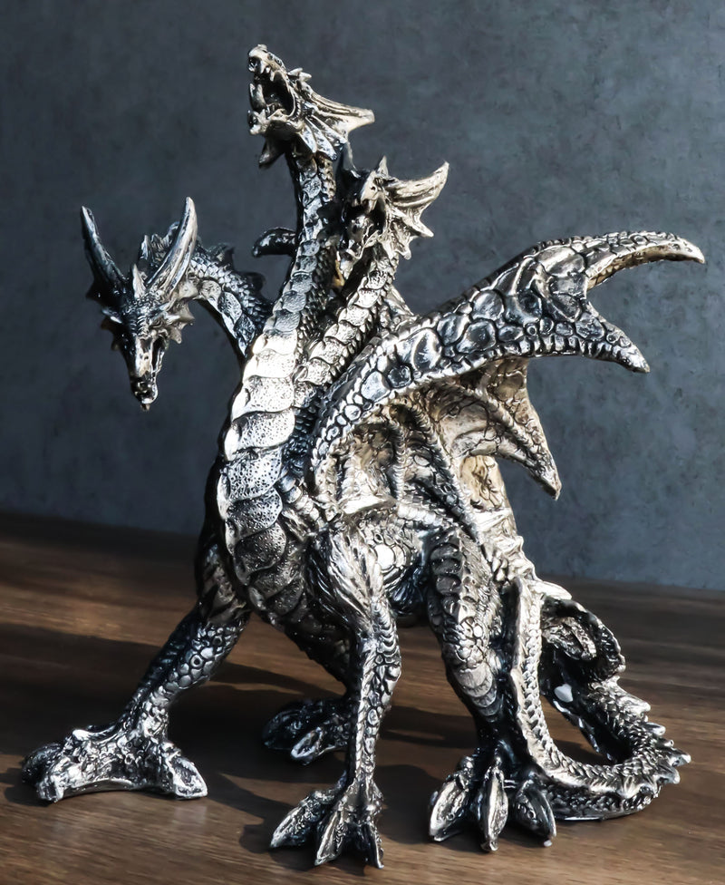 Gothic Silver Three Headed Dragon Hydra Roaring Statue 8" Tall Figurine Decor