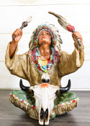 Indian Tribal Chief With Headdress Roach And Bull Skull Ritual Ceremony Figurine