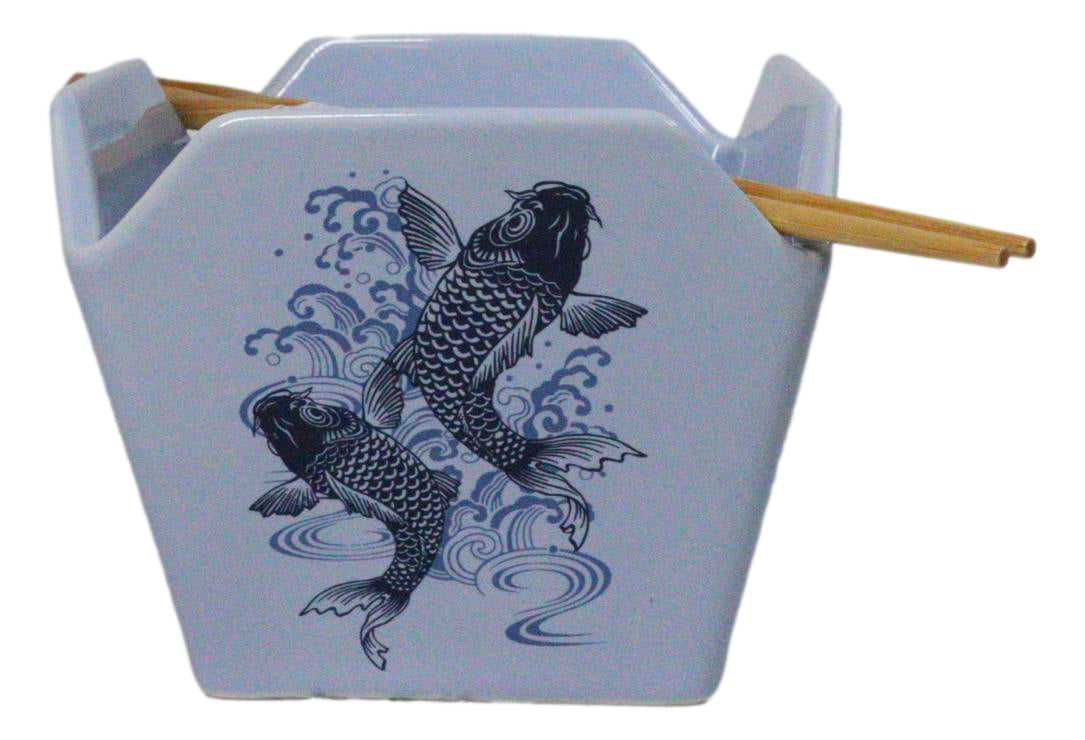 Blue Koi Fishes In Water Takeout To Go Box Serving Bowl With Chopsticks Set